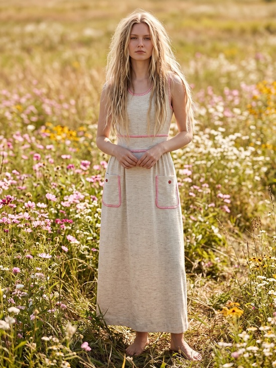 Vintage Dresses & Skirts - Vintage 60s 70s Shady Lane Sleeveless Cream Maxi Dress Spring Mod USA Size Small